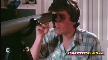 Curious retro teen spies on horny couple through a telescope