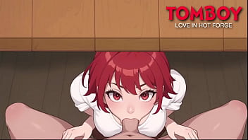 Hentai visual novel &quotTomboy: love in hot forge&quot | Tomboy girl sucking dick under table in tavern